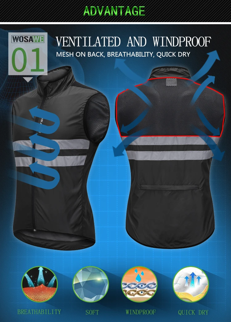 WOSAWE 새로운 남성 사이클링 조끼 남자 민소매 자전거 경량 조끼 야외 방풍 MTB 스포츠 바람 조끼