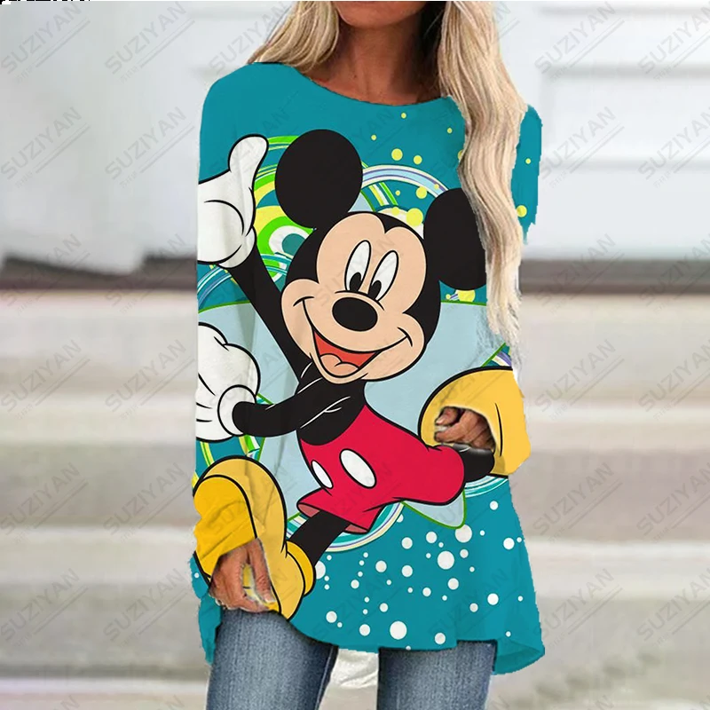 

2023 New Women's Spring Short Skirt Long Sleeve Long Top 3D Printed Disney Loose A-line Round Neck Pullover Large Donald Duck