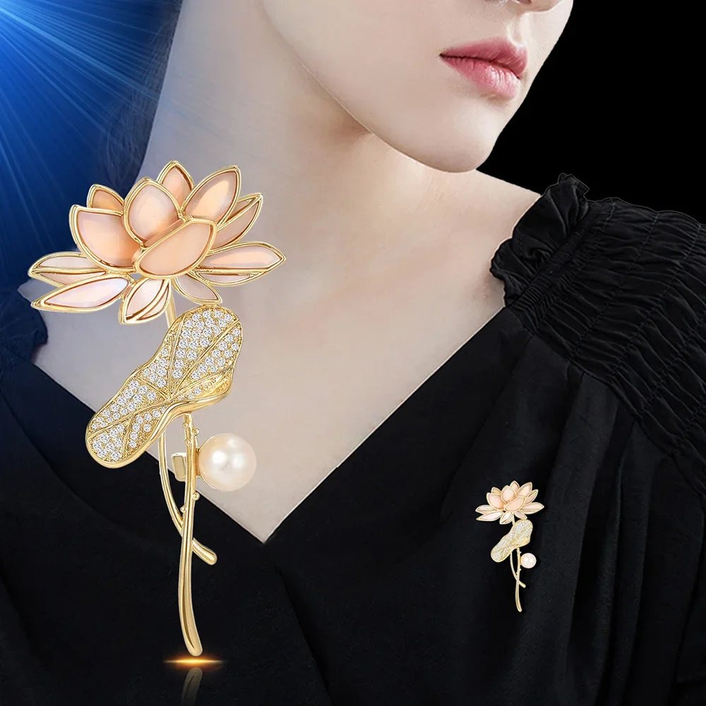 

Creativity lotus brooch for Women Freshwater Pearls Zircon Inlaid Clothing Coat Pins Elegant Jewelry clothing accessories Gifts