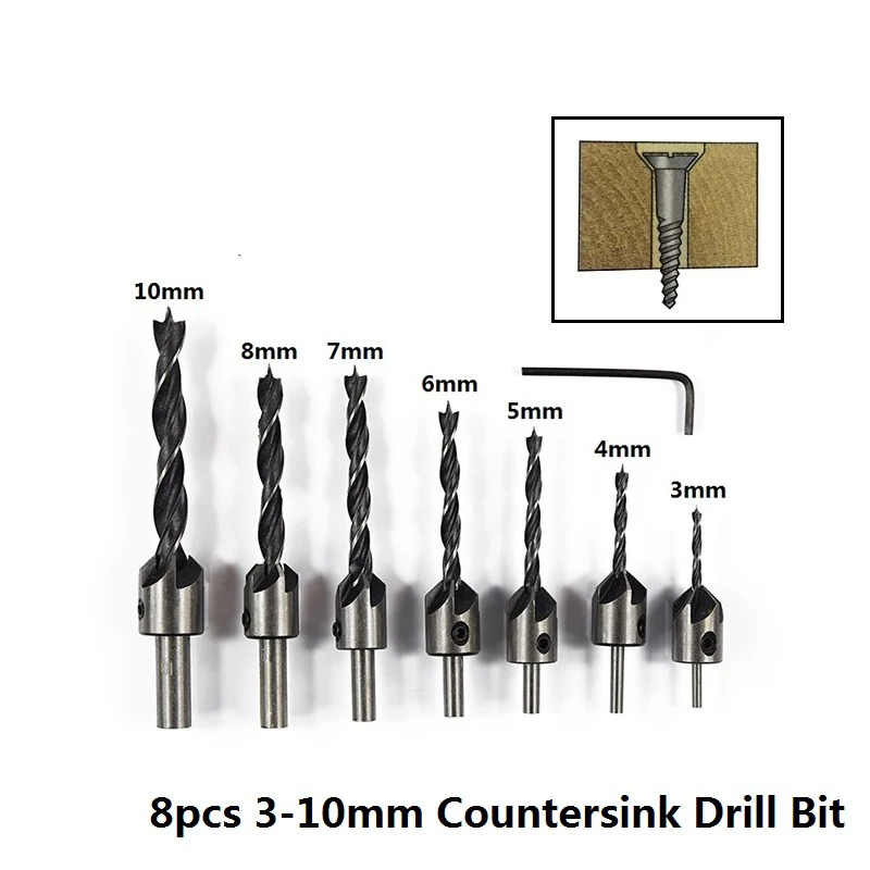 Countersink Drill Bit Set Reamer Woodworking Chamfer Counterbore Pliot Hole Cutter Screw Hole Drill 4/5/6/7/8/10mm HSS