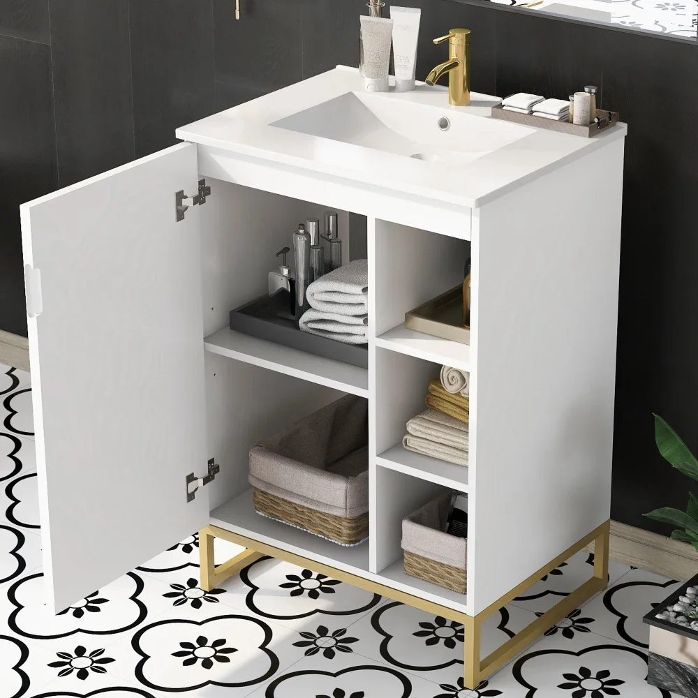 24 Inch White Bathroom Vanity Sink Combo for Small Space, Modern Design with Ceramic Basin, Gold Legs and Semi-open Storage