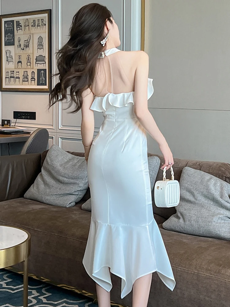 Elegant Sexy Chic Long Dress for Women 2023 Ruffle Sheer Mesh