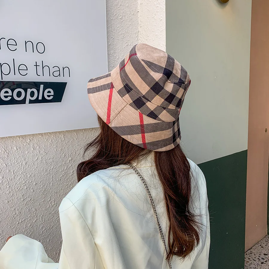 Women Sun Hat Fishing Sun Hat Plaid Colourful Fisherman's Hat Women Korean Suede Basin Hat Casual Foldable Warm Fashionable Soft 56-58cm