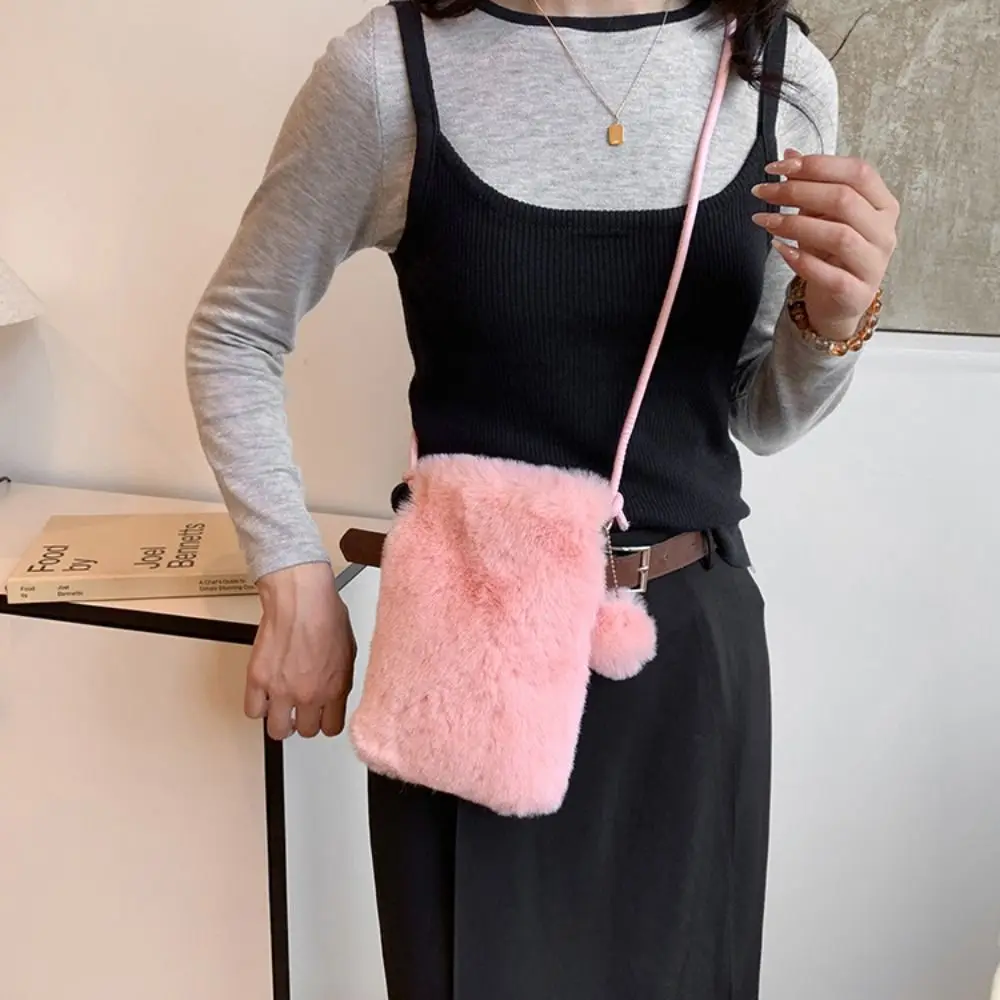 Fashion  Shoulder Bag Soft Solid Color Faux Fur Crossbody Phone Bag Women Girls Winter Travel Purse Nice Gift