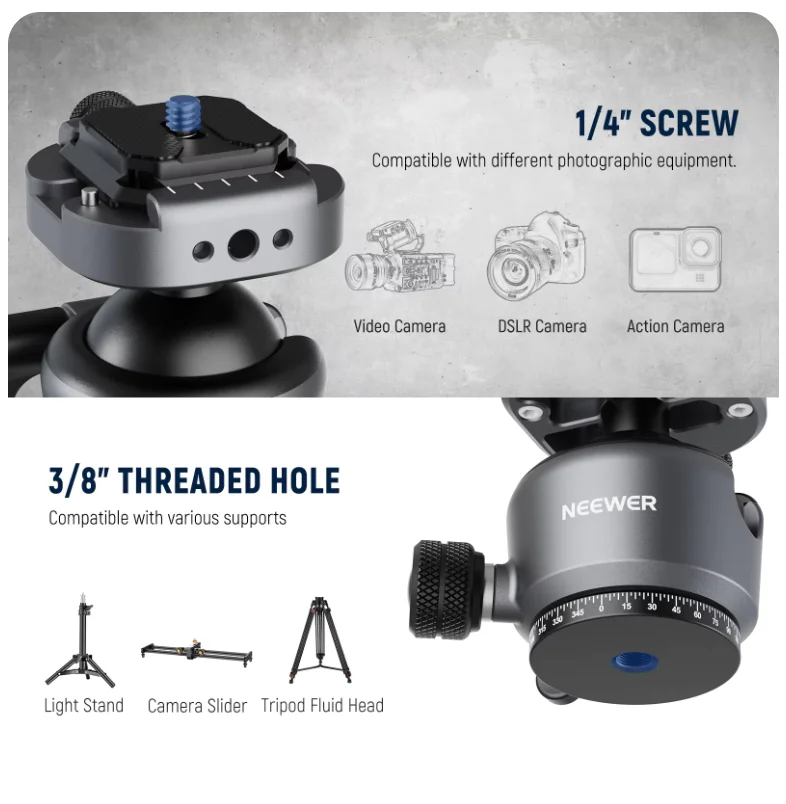 NEEWER GM41 Low Profile Tripod Ball Head 40mm Metal Panoramic Camera Mount Adapter with 1/4" Arca Plate For Peak Capture Camera