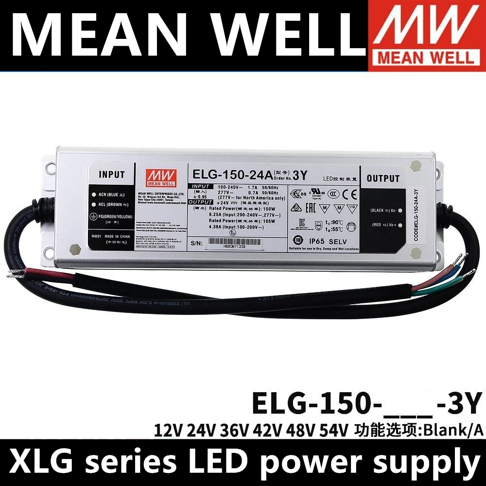 

MEAN WELL ELG-150-24A-3Y 150W 12A/24A/36A/42A/48A/54A/12B/24B/36B/48B/54B Waterproof LED constant current drive ELG-150-36A-3Y