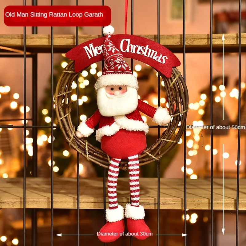 Christmas Red and White Snowman Old Man Rattan Circle Door Hanging Garland Scene Arrangement Old Man Elk Puppet Decoration