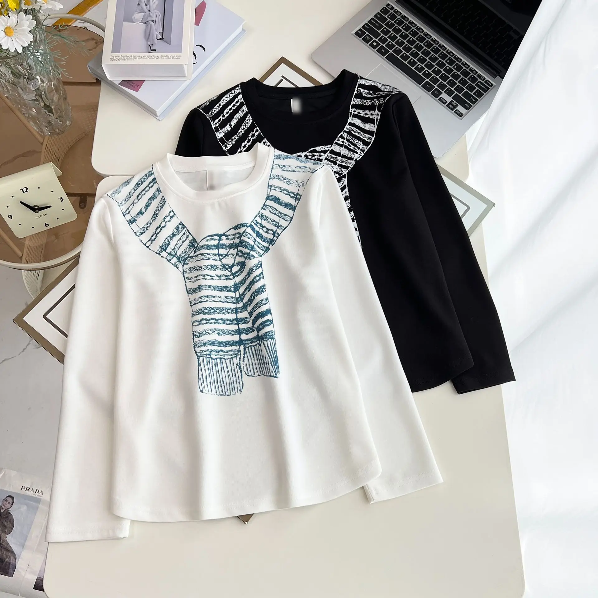 Fashion Plus Size Women's T-Shirt 2025 Autumn New Casual Shawl Printed Long Sleeve Tops 974