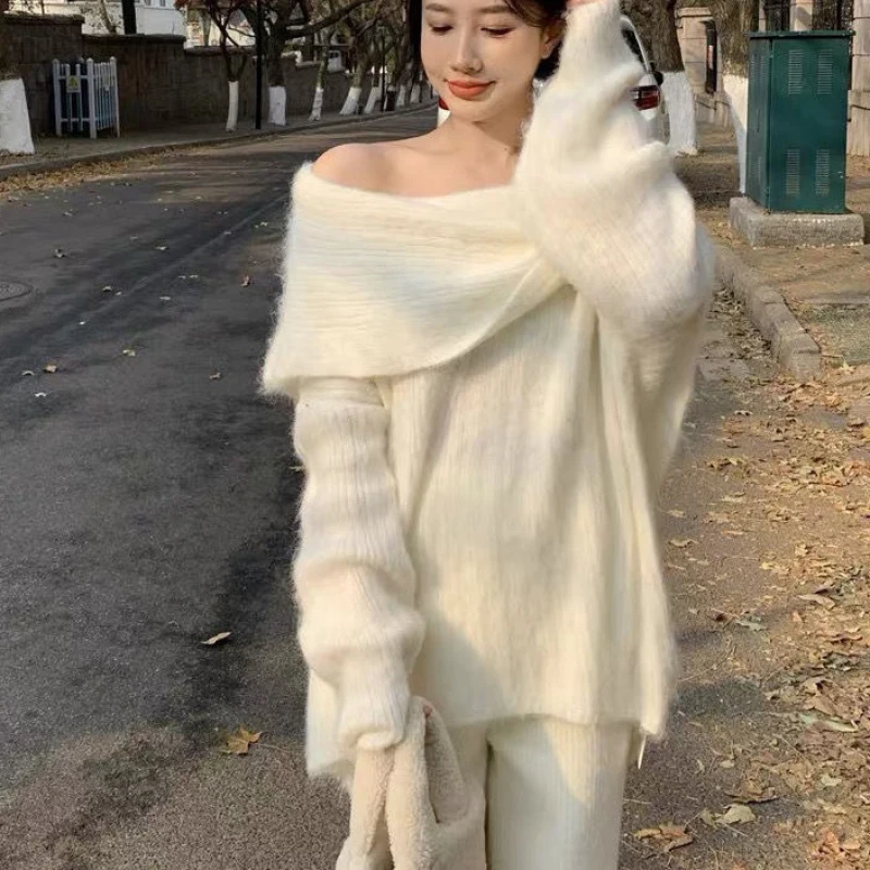 

Женский трикотажный свитер средней длины, Белый Свободный пуловер с открытыми плечами, одежда Y2k на весну и осень, 2023