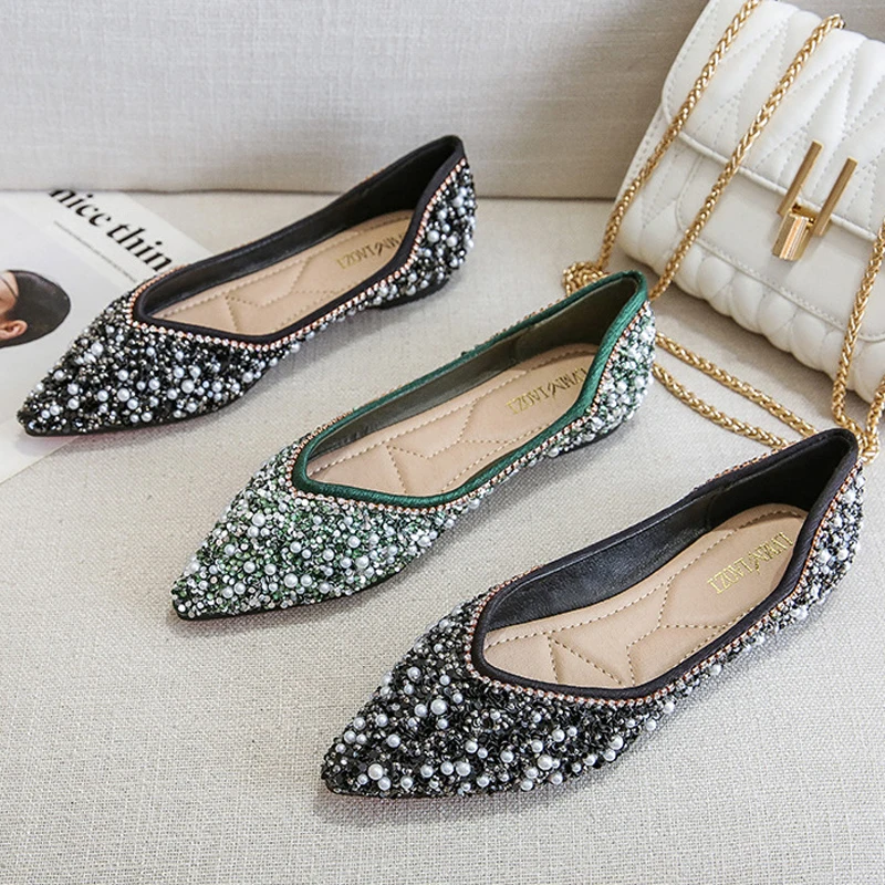 2022 Woman Luxury Shoes Big Size 34-43 Paillette Flats Heels Ballerina Ladies Pointed Toe Loafers Ballets Shoes Dressy Femmes 5