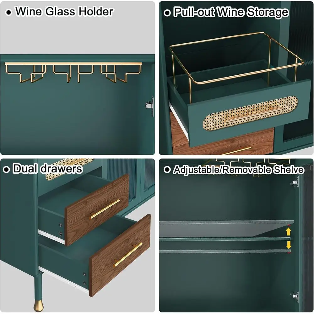 Green 48 Coffee Bar Cabinet with Pull-Out Wine Racks, Storage Drawers, and Serving Sideboard for Kitchen, Dining, and Living Roo