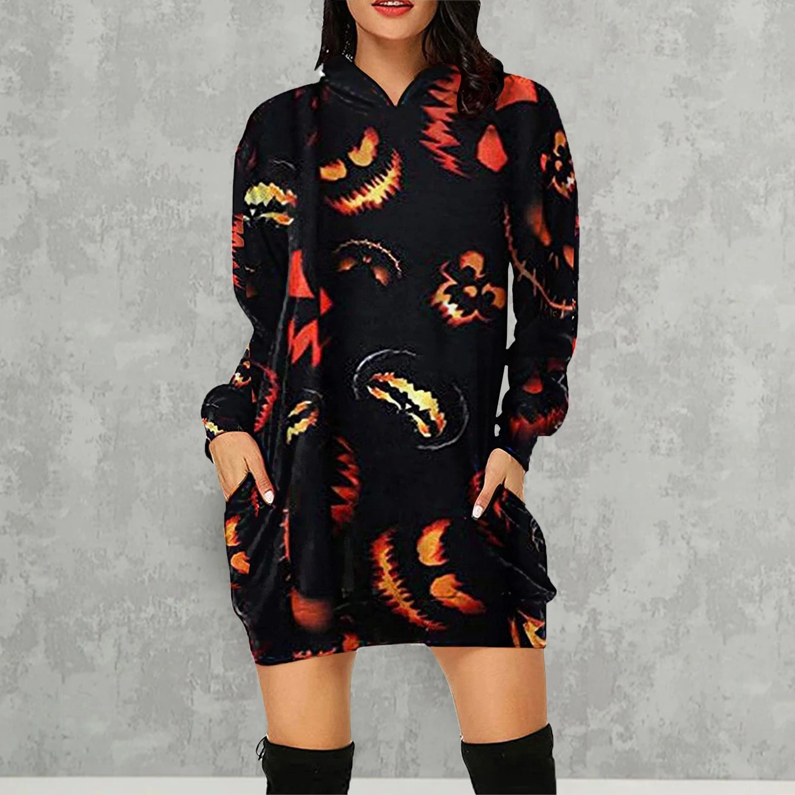 European and American Halloween Oversized Loose Hoodie Dress Sweater Fashion Dress Sweatshirt Dress 3D Allover Print Hoodie