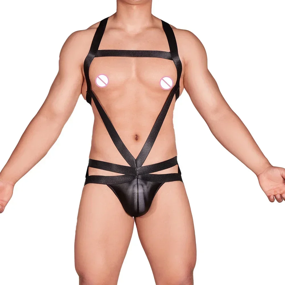 Men Elasticity Bodysuit Sexy Underwear Oil Shiny Leotard Halter Neck Open Body Chest Harness Jumpsuits Hollow Out Erotic Bodycon men bodysuit jumpsuit