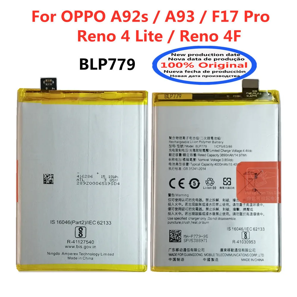 

100% Original 4000mAh BLP779 Battery For OPPO Reno4 Lite / F17 Pro / A92s / A93 / RENO 4F High Quality Replacement Bateria