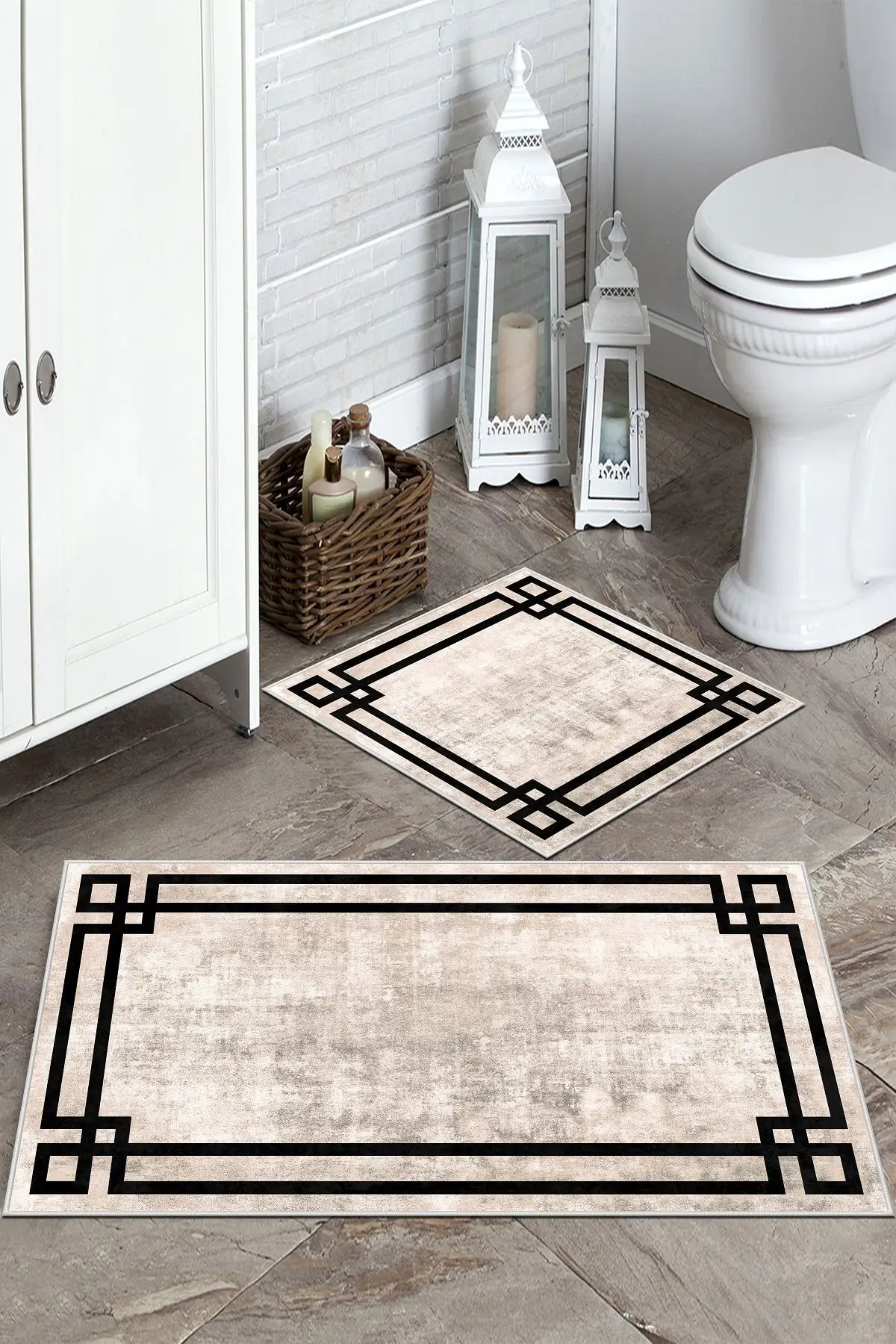 

Non-Slip Base Washable 2 Li 60x100 - 50x60 Bath Rug Mat Toilet Set 2 of Polyester (60X100)+(50X60) Beige