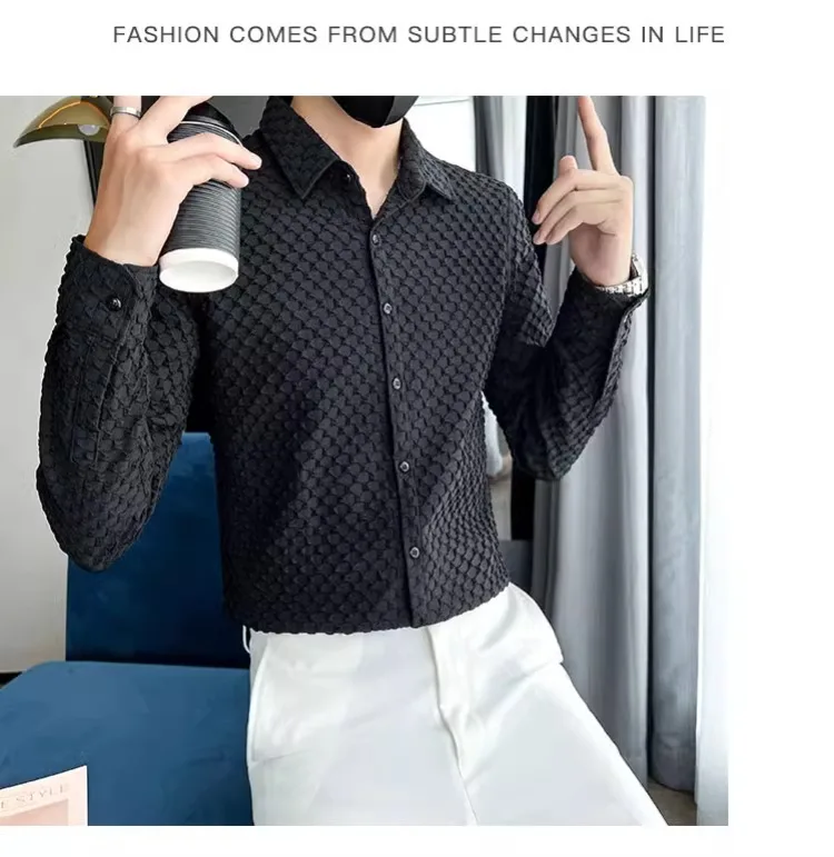 Description Picture 6 of itemBrand Solid Color Shirt Men's 2024 Spring Long Sleeve Slim Casual Business Dress Shirt Social Party Tuxedo Blouse Men Clothing