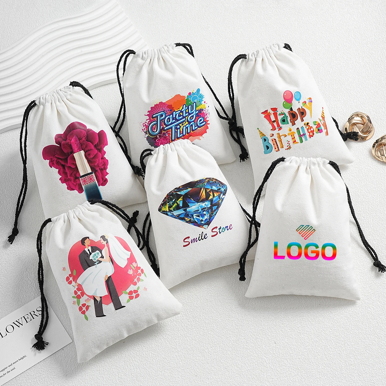 

50pcs Personalized Custom Colored Logo Cotton Jewelry Packaging Bags Jewelry Pouches Wedding Party Birthday Dice Makeup Gift Bag