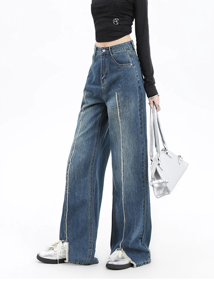 Vintage Women Boyfriend Ripped Split Jeans Distressed Straight Leg Denim Pants Loose Baggy Trousers Trend Y2K Fashion Streetwear