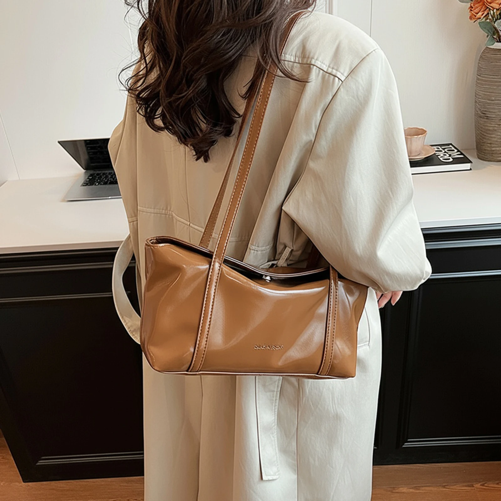 PU Underarm Bag Large Capacity Shoulder Bag with Pendant Travel Pillow Bag for Women Everyday Use