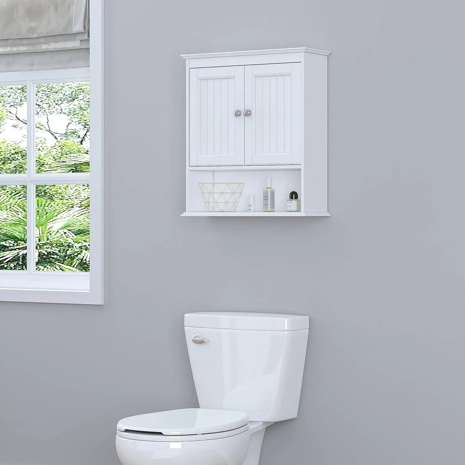 Bathroom Cabinet Wall Mounted with Doors, Wood Hanging Cabinet with Doors & Shelves Over The Toilet,Bathroom Wall Cabinet White 4