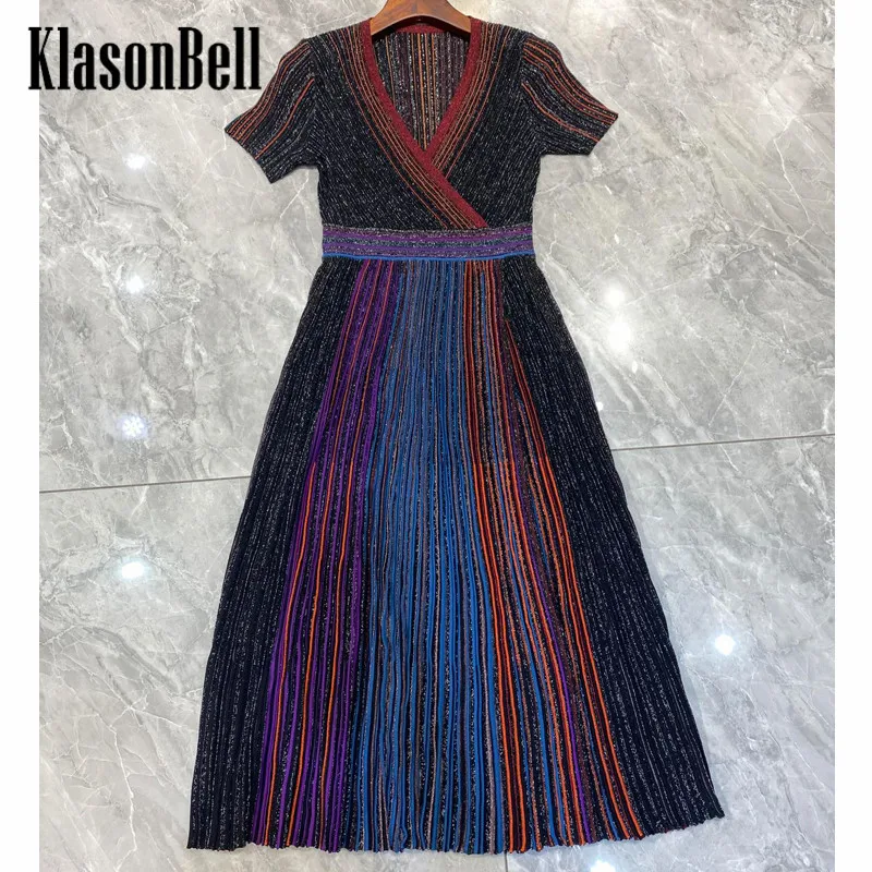 

8.14 KlasonBell Contrast Color Bright Silk Striped Print Temperament Elegant V-Neck Slim Split Knitted Dress Women