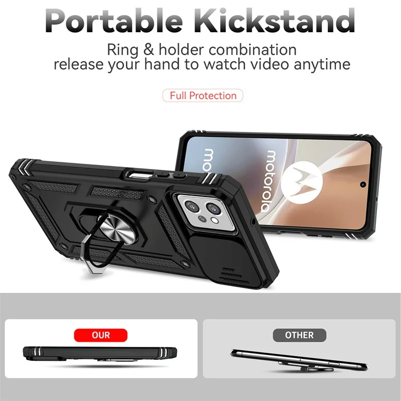 Durable Shockproof Case with Slide Lens Protector and Ring Stand Holder