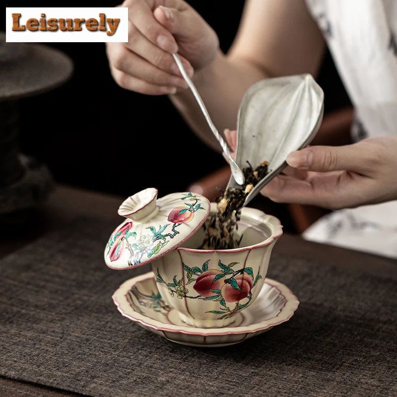 225ml Lard Jelly Ru Kiln Hand Painted Peach Gaiwan Creative Tea Tureen Tea Bowl With Lid Kit Tea Making Cover Bowl For Tea Craft