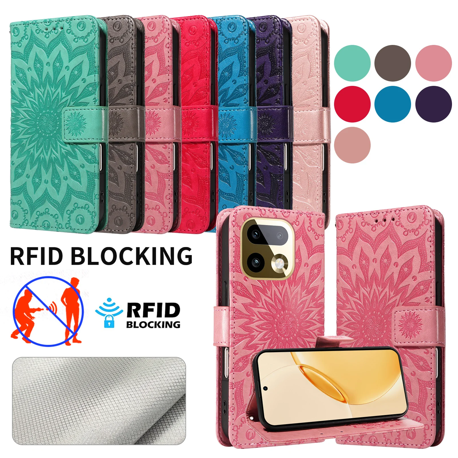 Embossed Mandala Design Leather Wallet Card Holder Flip Case