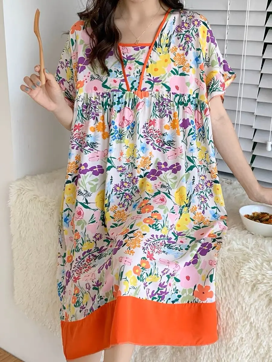 

Ночная сорочка женская с коротким рукавом, модная ночная рубашка из вискозы, свободная ночная рубашка с принтом, лето