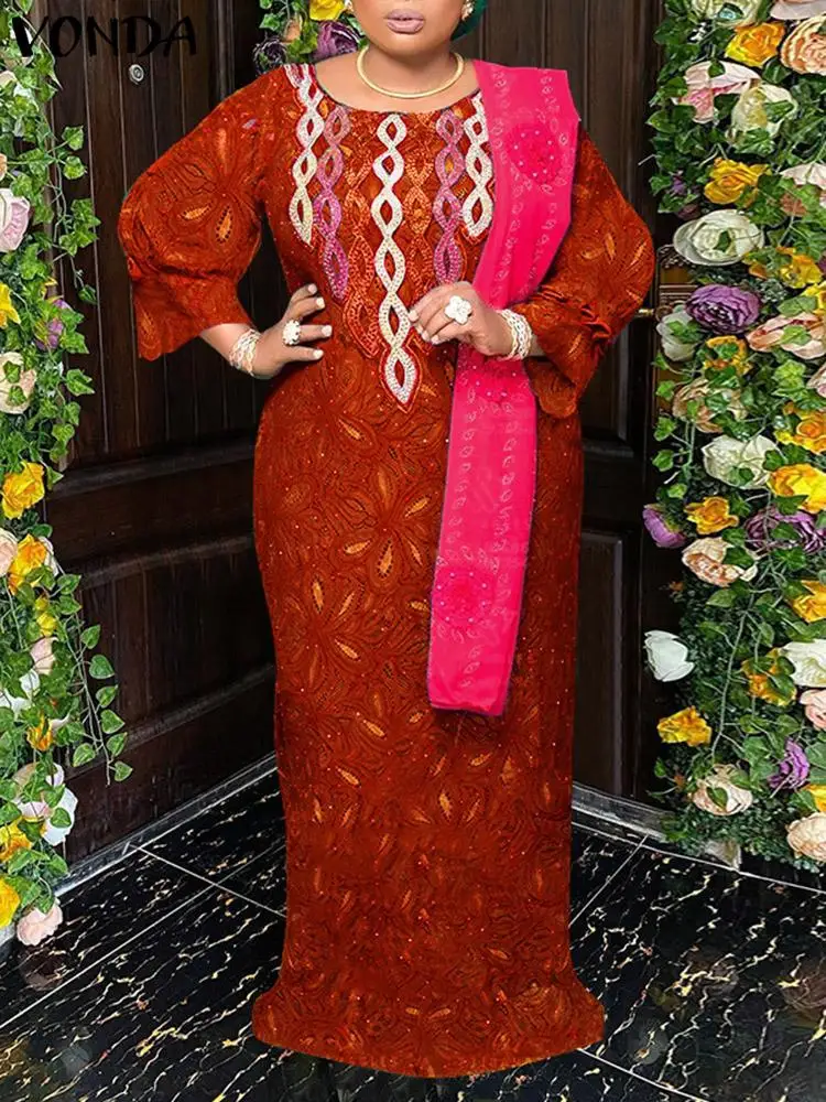 

2024 VONDA Summer Bohemian Women Printed Maxi Dress Oversized Sundress O-neck 3/4 Sleeve Casual Loose Party Long Vestidos Robe