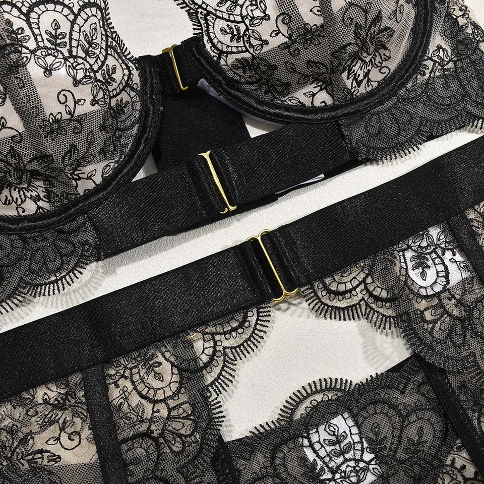 Valentines Floral Embroidery Mesh Lingerie Set