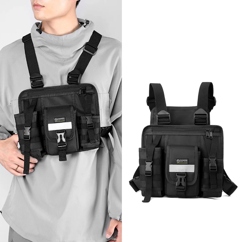 Men's and women's black vest bags, multiple pockets, adjustable straps and buttons, tactical chest bag, suitable for outdoor spo