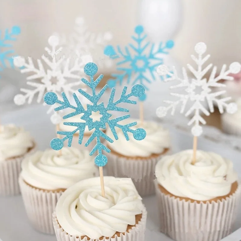 

12pcs Snowflake Cupcake Toppers Christmas Girl Birthday Party Weeding Baby Shower Supplies Navidad Glitter Cakes Decorations