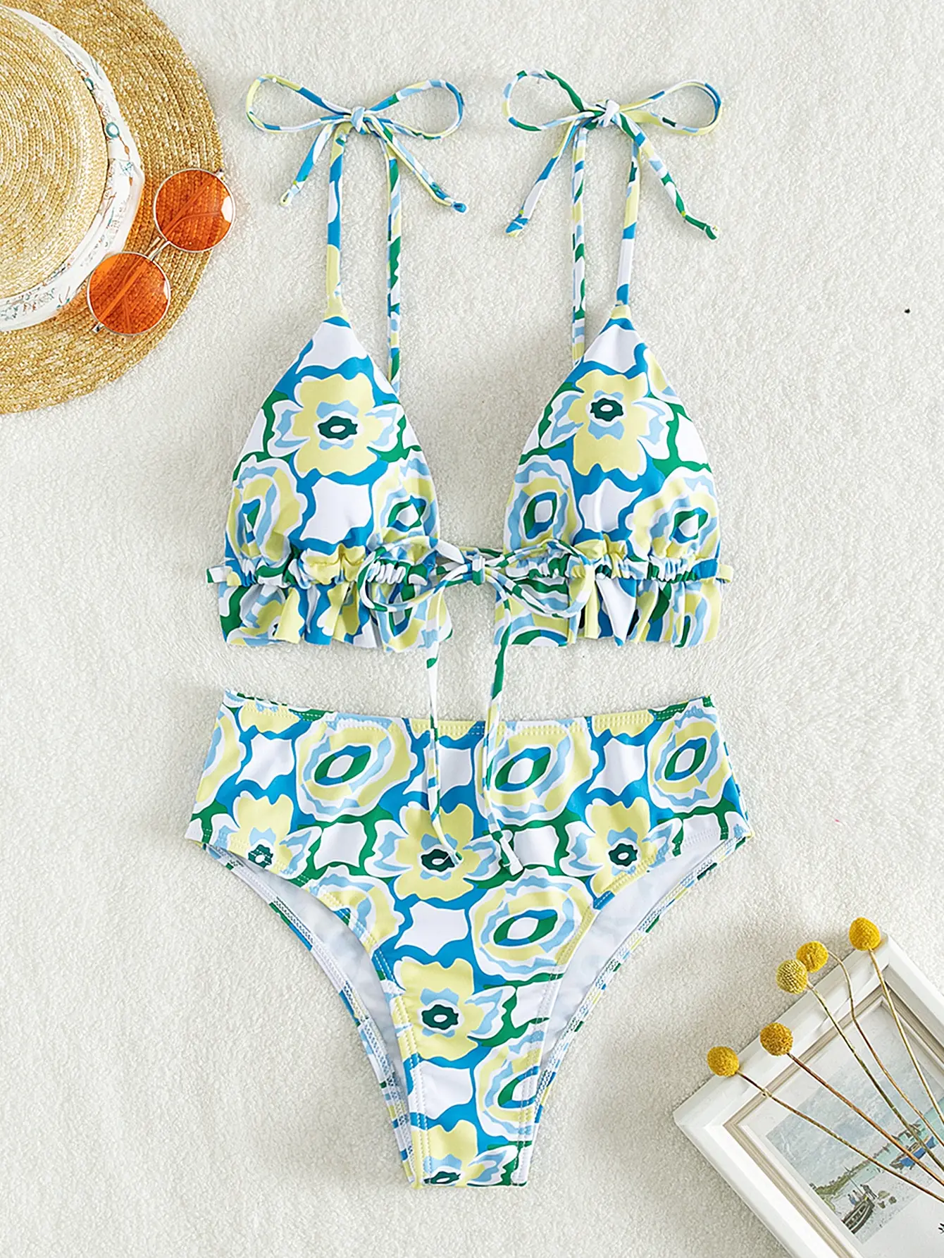

All Over Print Ruffle Trim Triangle High Waisted Bikini Swimsuit Two Piece Swimwear Bikini Set Summer Beach Bathing Suit
