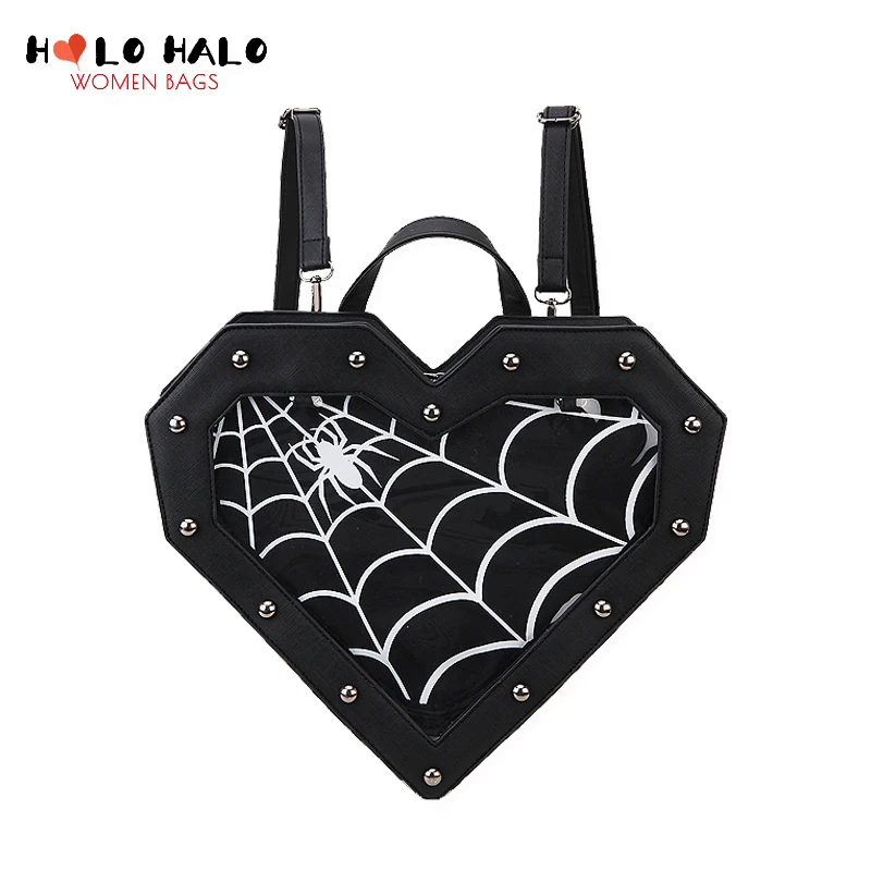 

Spiderweb Gothic Heart Shaped Ita Backpacks for Dark Lolita Holloween Pin Display Clear Window Handbag and Shoulder Bag Gift