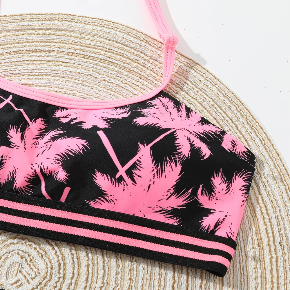 Girl Palm Tree Print Bikini Swimsuit Kids Tape Trim Two Piece Children's Swimwear Teen Halter Top Bathing Suit Beachwear Biquini