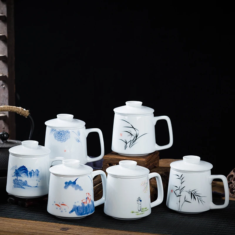 Chinese Style Tea Filtering and Separation Cups, With Cover White Porcelain Personal Mug, Home Drinkware Ceramic Office Cup, 1Pc