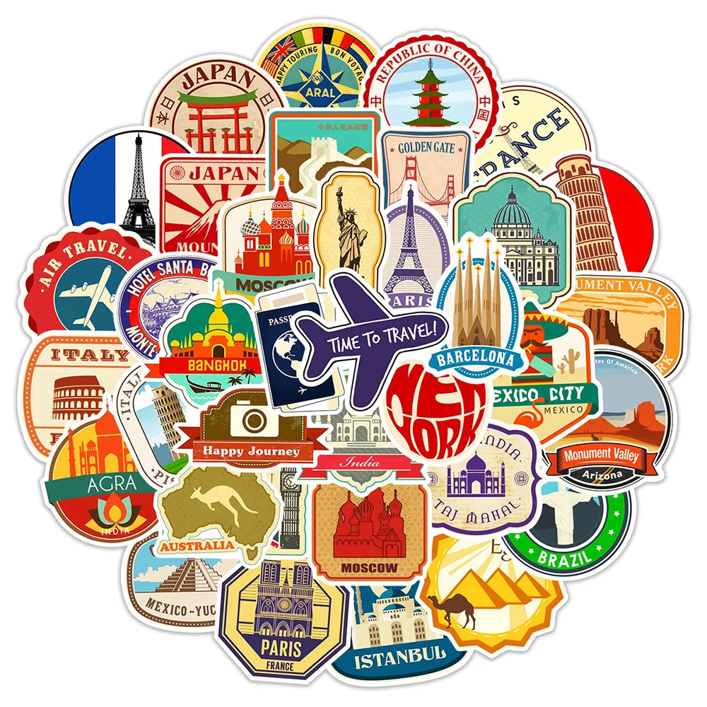 

10/30/50PCS Vintage Travel Map Sign Building Cartoon Stickers DIY Laptop Luggage Skateboard Graffiti Decals Sticker for Kid