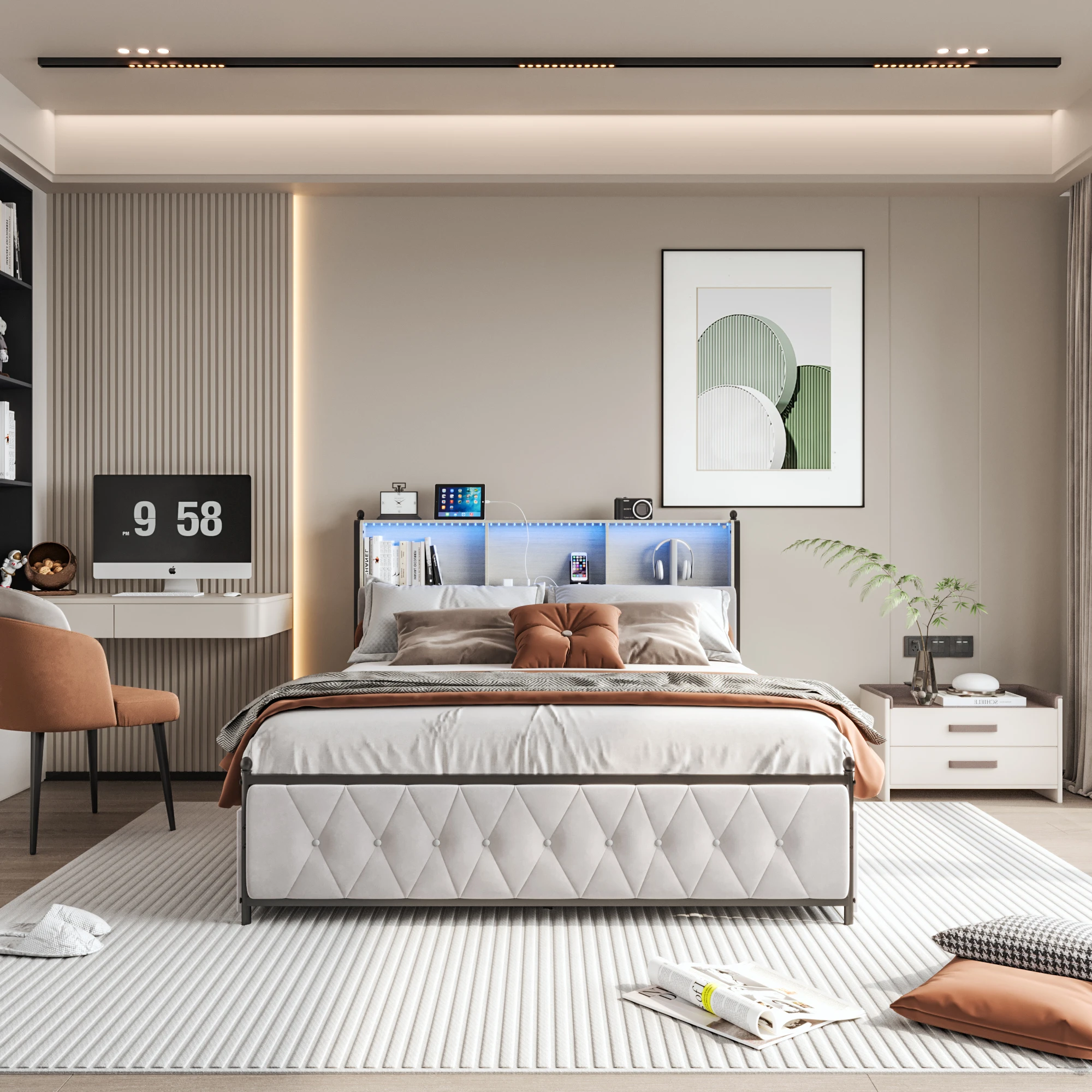 Comanlia 140x200cm Gepolstertes Doppelbett mit Stauraum, 4 Schubladen, LED-Lichtleiste und USB-Ladefunktion, Samt, Beige – Detail 4
