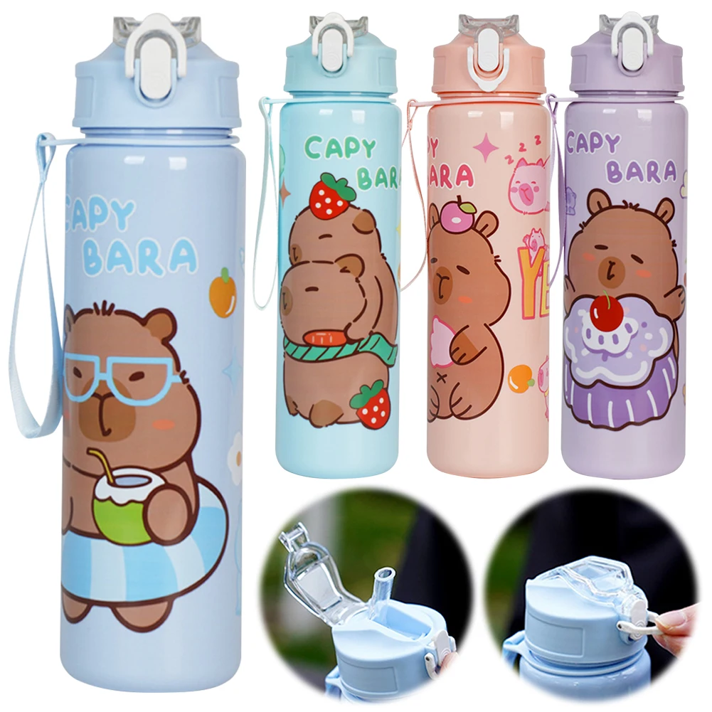 700ml Capybara Sports Water Bottle with Straw & Handle Travel Water Cup Large Capacity Kawaii Bottle for Fitness Sports