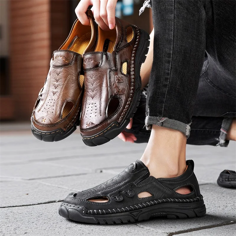 Fashion Men's Retro Casual Leather Vintage Sandals Comfortable Outdoor Walking Shoes Beach Flats Hollow Out Man Sneakers_vogvips.com