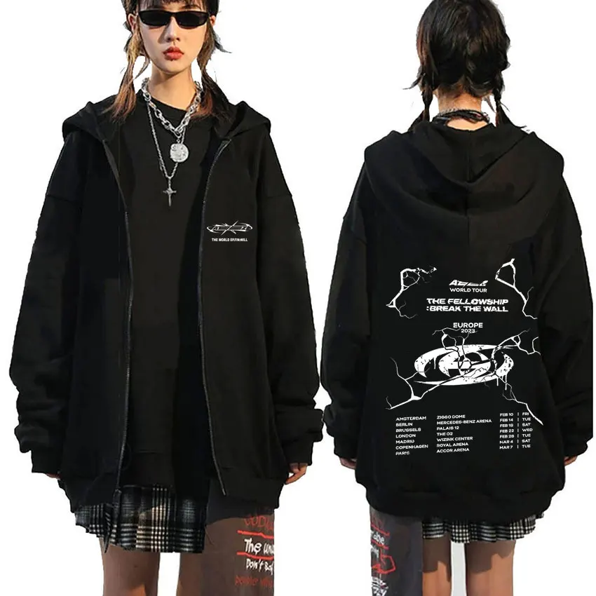 Korean Boy Team Ateez World Tour The Fellowship Break The Wall Graphic Zipper Hoodie Men Women Fashion Oversized Zip Up Jacket
