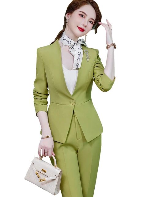 Niebieski fioletowy zielony czarny spodnie damskie garnitur biurowa, damska  Slim 2 sztuka zestaw kobiet odzież robocza z dekoltem w kształcie litery v  marynarka i do spodni - AliExpress