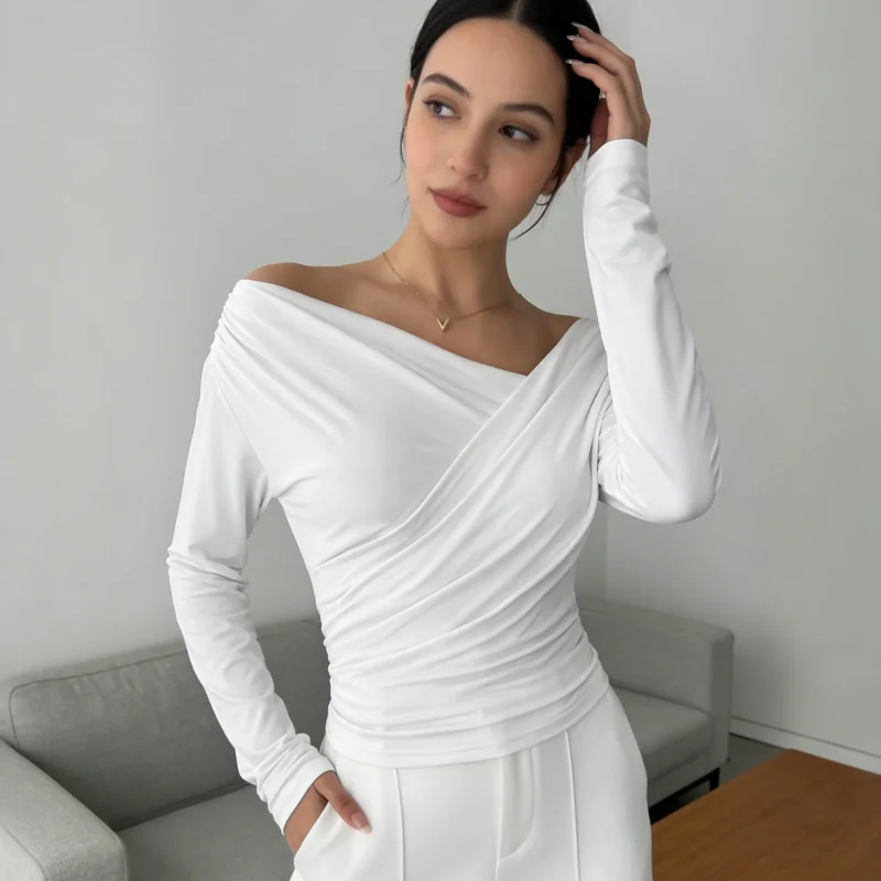 New Fashion Women's Irregular Cross-neck Long Sleeve T-shirt Spring and Autumn Off-shoulder Slimming Commuter Solid Color Top