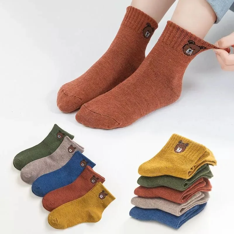 5 Pairs Women's Little Bear Socks Mid Length Socks Ins Trendy Cute Solid Color Four Seasons Casual Socks