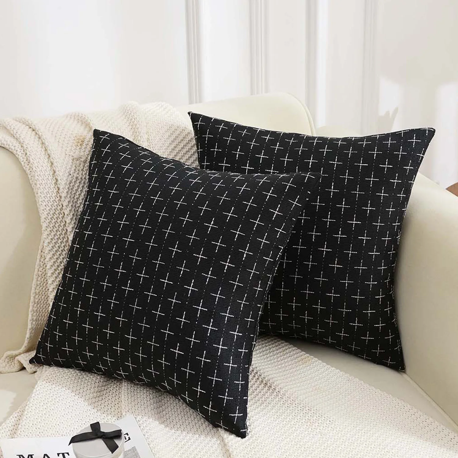 2 Stück Leinen-Kissenbezüge mit Kreuzmuster, dekorative Kissenhüllen, modern, Boho, neutral, Vintage, für Sofa, Schlafzimmer, Wohnzimmer – Detail 3