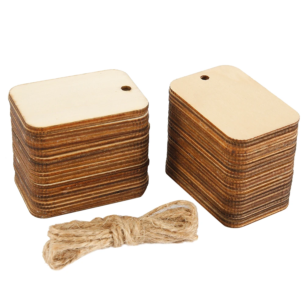 50Pcs Wood Slices with Ropes Unfinished Rectangular Log Slices Rustic Natural Wood Pieces Hanging Ornament for DIY Craft Decor