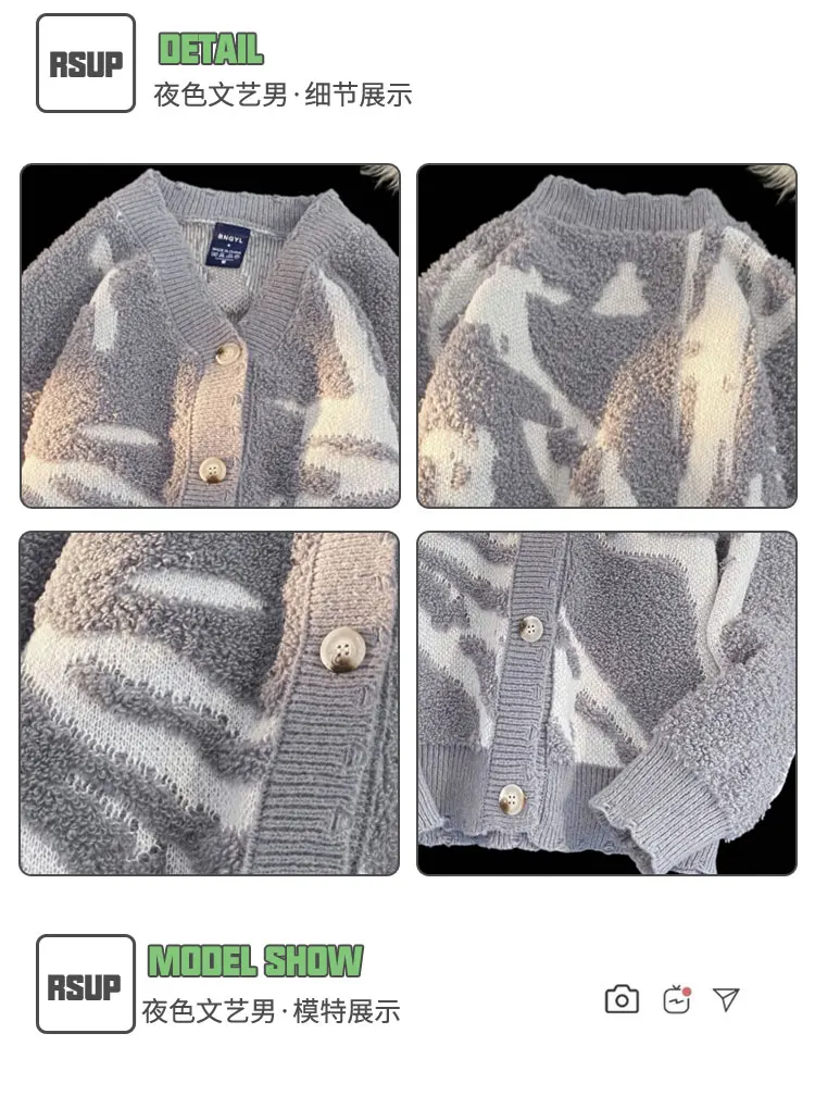 Description Picture 3 of itemPrint Kintted Cardigan Sweater Men's Korean Style Fashion Autumn Outerwear Casual V-neck Clothes Vintage Oversized 2024 Z48