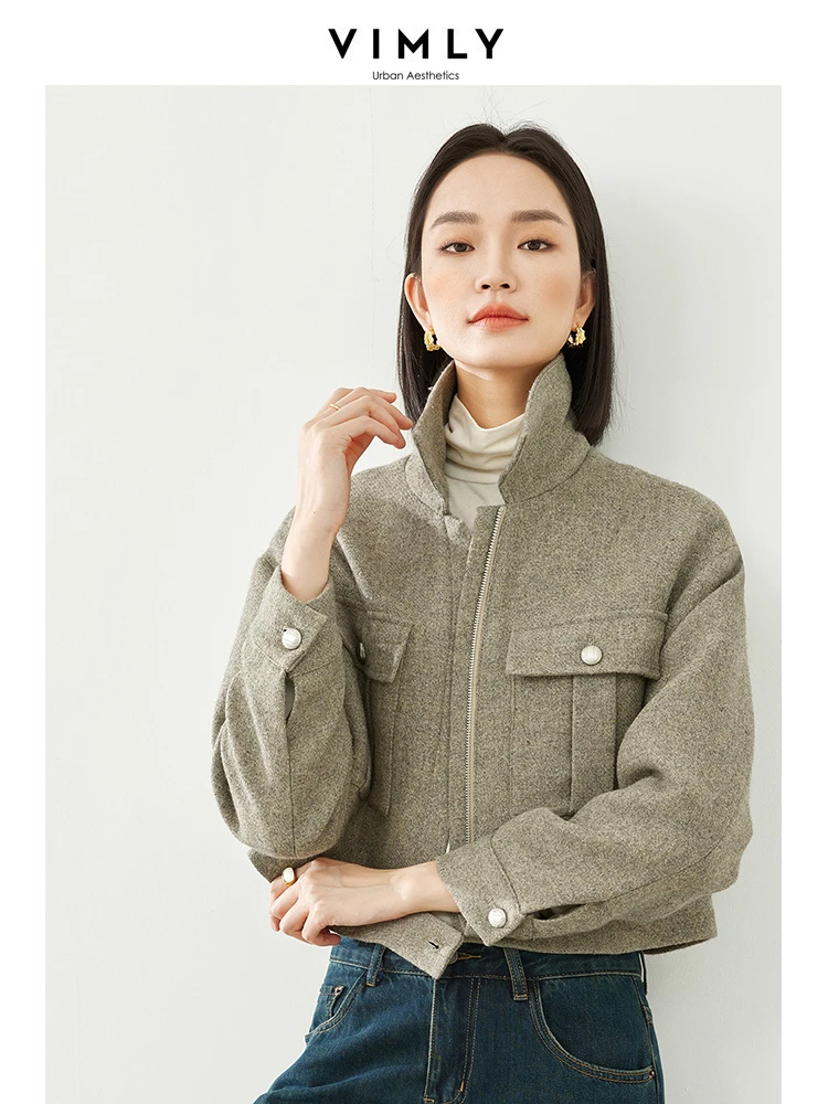 Vimly Wool Blend Cropped Jacket Lapel Zipper Long Sleeve Quilted Short Coat 2023 Winter Warm Thick Office Ladies Outerwear M5300 vimly elegant straight belt shirt dress for women 2023 spring office ladies cotton polo neck slim long sleeve mini dresses v8166