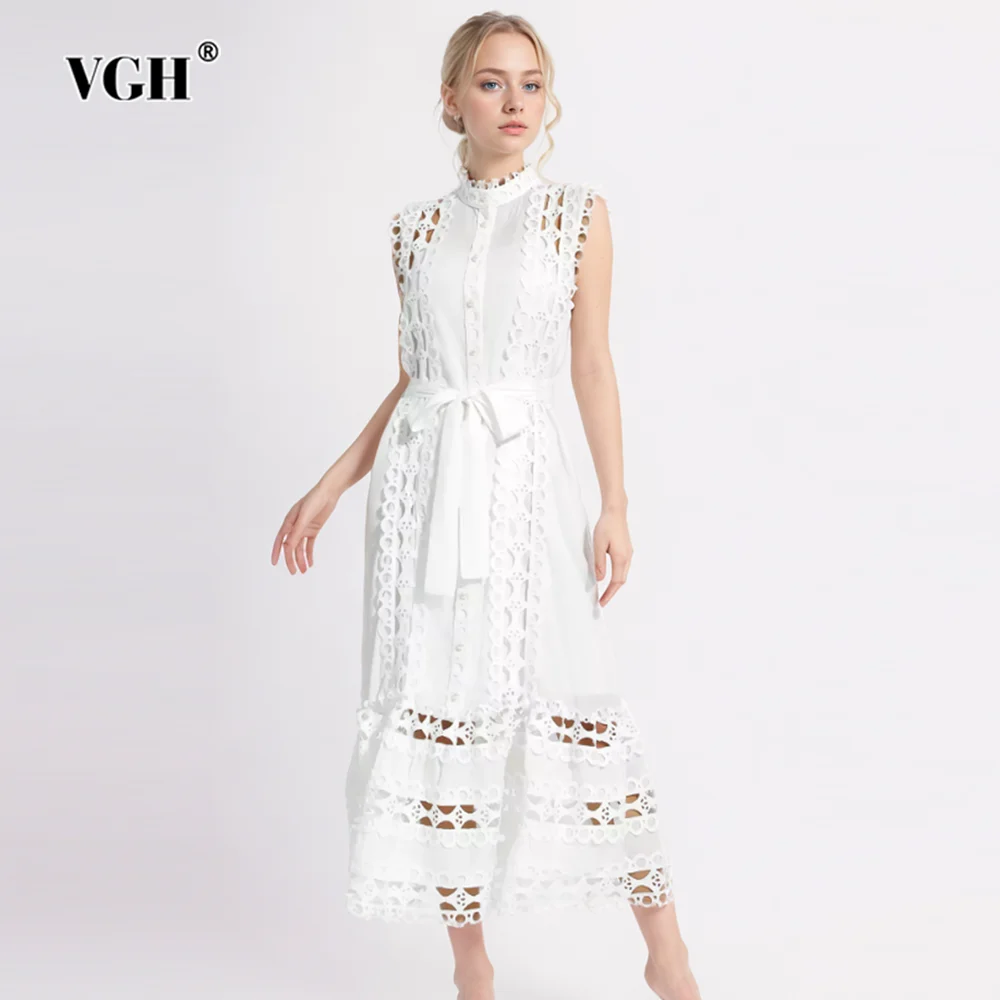 vgh-solid-hollow-out-embroidery-elegant-dress-for-women-stand-collar-sleeveless-high-waist-spliced-lace-up-long-dresses-female